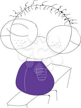 Line art of a small kid in purple-colored costume is wearing a pair of spectacles and is sitting on a bench with her eyes closed vector color drawing or illustration 