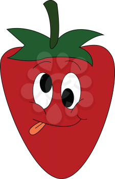 Cartoon of a silly face strawberry in red color with rolling eyes and tongue hanging out vector color drawing or illustration 