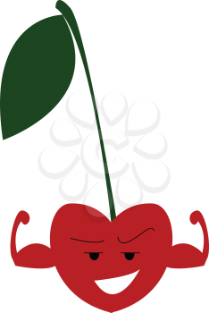 Clipart of red cherry with strong arms has a tall stalk with a single green leaf vector color drawing or illustration 