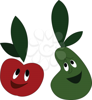 Clipart of laughing vegetables tomato and pear with green leaves and eyes rolled up vector color drawing or illustration 