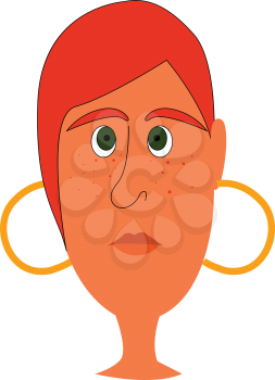 Simple cartoon of a red-haired girl with frecklles and golden earrings  vector illustration on white background