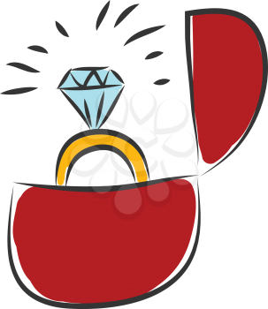 Simple  vector illustration on white background of a big diamond ring in red velvet box