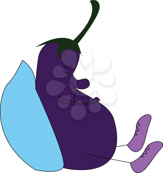 Cartoon of a sleeping eggplant with a blue pillowvector illustration on white background