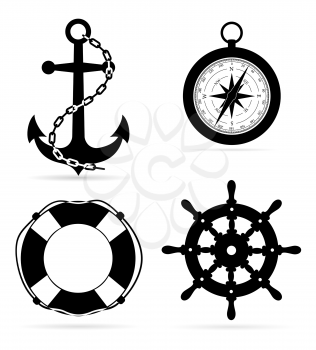 marine equipment anchor compass lifebuoy steering black outline silhouette stock vector illustration isolated on white background