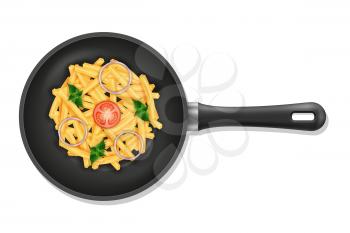 fried roast potatoes in a pan skillet with vegetables stock vector illustration isolated on white background