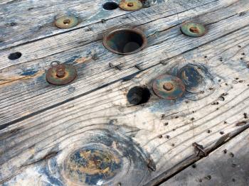 Rustic wood surface with bolts background design element on USS Iowa naval warship destroyer battleship