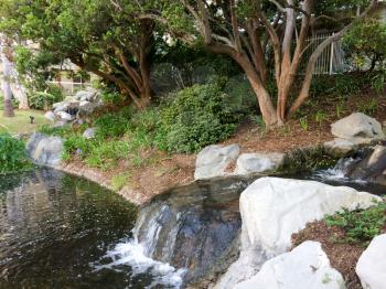 Beautiful modern landscaping waterscapes at residential housing condo apartment complex unit