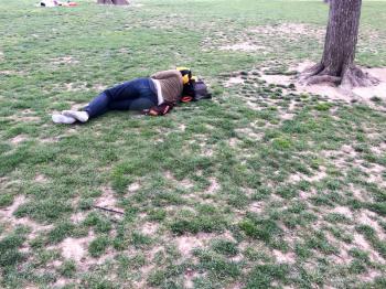 sleeping person takes nap in park on the grass