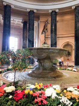 Museum interior with colorful flowers yellow orange and white