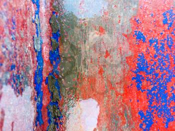 Colorful design element wet background of paint on metal gray red blue