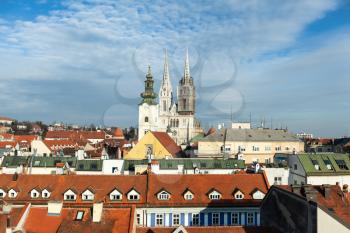 Zagreb, Croatia - 24 February 2019: Zagreb red rooftops and Cathedral