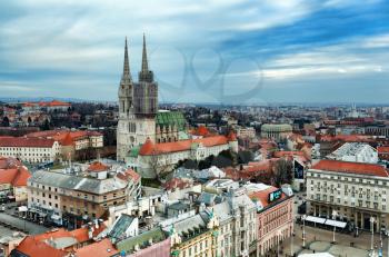 Zagreb, Croatia - 24 February 2019: Zagreb red rooftops and Cathedral