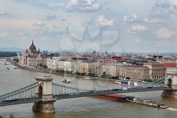 Aerial view of Budapest with the river and parliament Szechenyi Chain Bridge