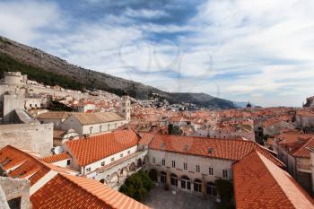Dubrovnik, Croatia - 22 February 2019: view of the city from the city wall showing clock tower