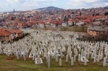 Sarajevo, Bosnia and Herzegovina - 27 February 2019: Multiple gravestones at shaid cemetery at Kovaci, Sarajevo, Bosnia and Herzegovina