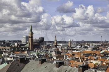Aerial view of Copenhagen with the tower of Copenhagen City Hall