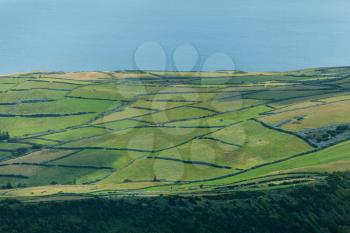 Landscape of Faial island showing agricultural fields and the atlantic ocean