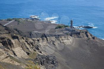Capelinhos Volcano, Faial Island, Azores, Portugal: July 15 2019 - lighthouse which markes the western coastal limit of Ponta dos Capelinhos