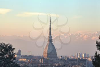 Turin Alps Skyline. View Over the city with rooftops and La Mole Antonelliana.