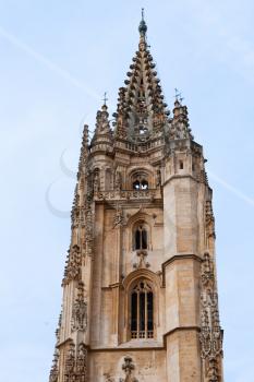Oviedo, Spain - 11 December 2018: Bell-tower of The Metropolitan Cathedral Basilica of the Holy Saviour or Cathedral of San Salvador