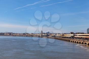 Bordeaux, France: 22 February 2020: Quays des Chartrons and de Bacalan on a bright sunny day and Bordeaux skyline