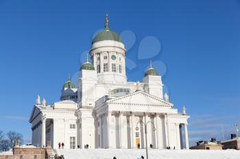 Helsinki, Finland - 19 January 2019: Helsinki Cathedral with blue sky in the background