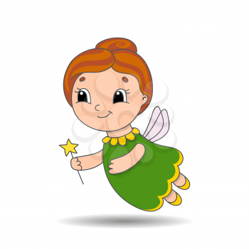 Elderly tooth fairy in a dress with wings and a magic wand. Cute character. Colorful vector illustration. Cartoon style. Isolated on white background. Design element.