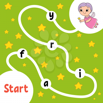 Elderly fairy. Logic puzzle game. Learning words for kids. Find the hidden name. Education developing worksheet. Activity page for study English. Isolated vector illustration. Cartoon style.