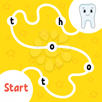 Healthy tooth. Logic puzzle game. Learning words for kids. Find the hidden name. Education developing worksheet. Activity page for study English. Isolated vector illustration. Cartoon style.