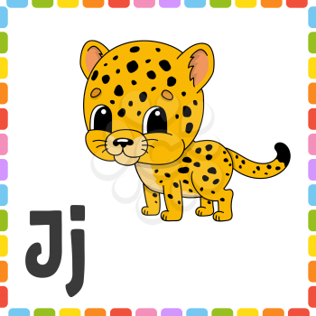 Funny alphabet. Letter J - jaguar. ABC square flash cards. Cartoon character isolated on white background. For kids education. Developing worksheet. Learning letters. Color vector illustration.
