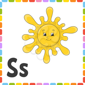 Funny alphabet. Letter S - sun. ABC square flash cards. Cartoon character isolated on white background. For kids education. Developing worksheet. Learning letters. Color vector illustration.