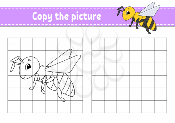 Striped bee.. Copy the picture. Coloring book pages for kids. Education developing worksheet. Game for children. Handwriting practice. Funny character. Cute cartoon vector illustration.