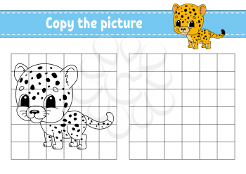 Spotted jaguar. Copy the picture. Coloring book pages for kids. Education developing worksheet. Game for children. Handwriting practice. Funny character. Cute cartoon vector illustration.