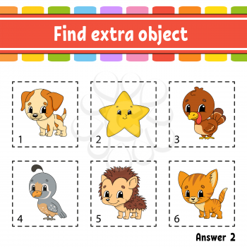 Find extra object. Educational activity worksheet for kids and toddlers. Game for children. Happy characters. Simple flat isolated vector illustration in cute cartoon style.