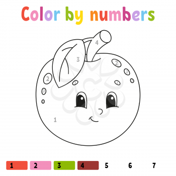 Color by numbers apple. Coloring book for kids. Fruit character. Vector illustration. Cute cartoon style. Hand drawn. Worksheet page for children. Isolated on white background.