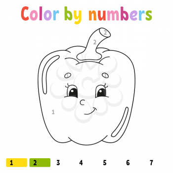 Color by numbers pepper. Coloring book for kids. Vegetable character. Vector illustration. Cute cartoon style. Hand drawn. Worksheet page for children. Isolated on white background.