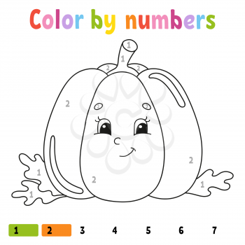 Color by numbers pumpkin. Coloring book for kids. Vegetable character. Vector illustration. Cute cartoon style. Hand drawn. Worksheet page for children. Isolated on white background.