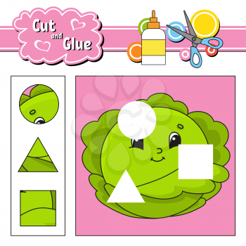 Cut and glue. Game for kids. Education developing worksheet. Cartoon cabbage character. Color activity page. Hand drawn. Isolated vector illustration.