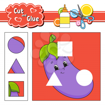 Cut and glue. Game for kids. Education developing worksheet. Cartoon eggplant character. Color activity page. Hand drawn. Isolated vector illustration.
