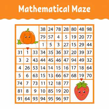 Vegetable pumpkin, strawberry. Mathematical square maze. Game for kids. Number labyrinth. Education worksheet. Activity page. Puzzle for children. Cartoon characters. Color vector illustration.