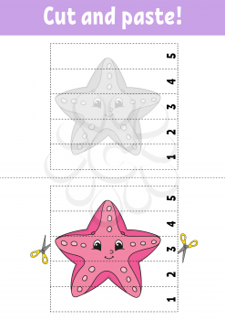 Learning numbers 1-5. Cut and glue. Starfish character. Education developing worksheet. Game for kids. Activity page. Color isolated vector illustration. Cartoon style.