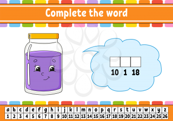 Complete the words. Cipher code. Learning vocabulary and numbers. Education developing worksheet. Activity page for study English. Game for children. Isolated vector illustration. Cartoon character.