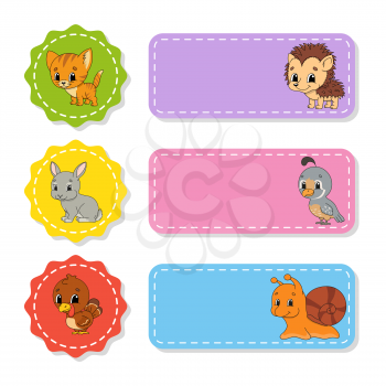 Set of colored stickers with cute characters. Isolated vector illustration.