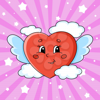 A loving heart with wings flies in the clouds. Cute cartoon character. Colorful vector illustration. Valentine's Day. Isolated on color background. Template for your design.