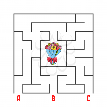 Square maze. Game for kids. Puzzle for children. Cartoon character bouquet. Labyrinth conundrum. Color vector illustration. Find the right path. The development of logical and spatial thinking.