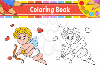 Coloring book for kids. Open box with a gold ring. Cartoon character. Vector illustration. Black contour silhouette. Isolated on white background.