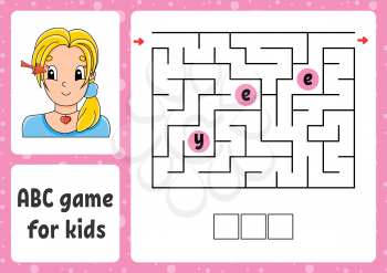 ABC maze for kids. Answer ear. Rectangle labyrinth. Activity worksheet. Puzzle for children. Cartoon style. Logical conundrum. Color vector illustration.