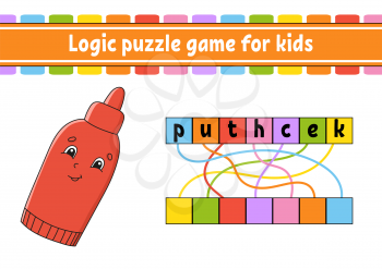 Logic puzzle game. Learning words for kids. Find the hidden name. Worksheet, Activity page. English game. Isolated vector illustration. Cartoon character.