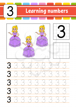 Trace and write. Handwriting practice. Learning numbers for kids. Education developing worksheet. Activity page. Isolated vector illustration in cute cartoon style.