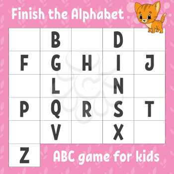 Finish the alphabet. ABC game for kids. Education developing worksheet. Learning game for kids. Color activity page.